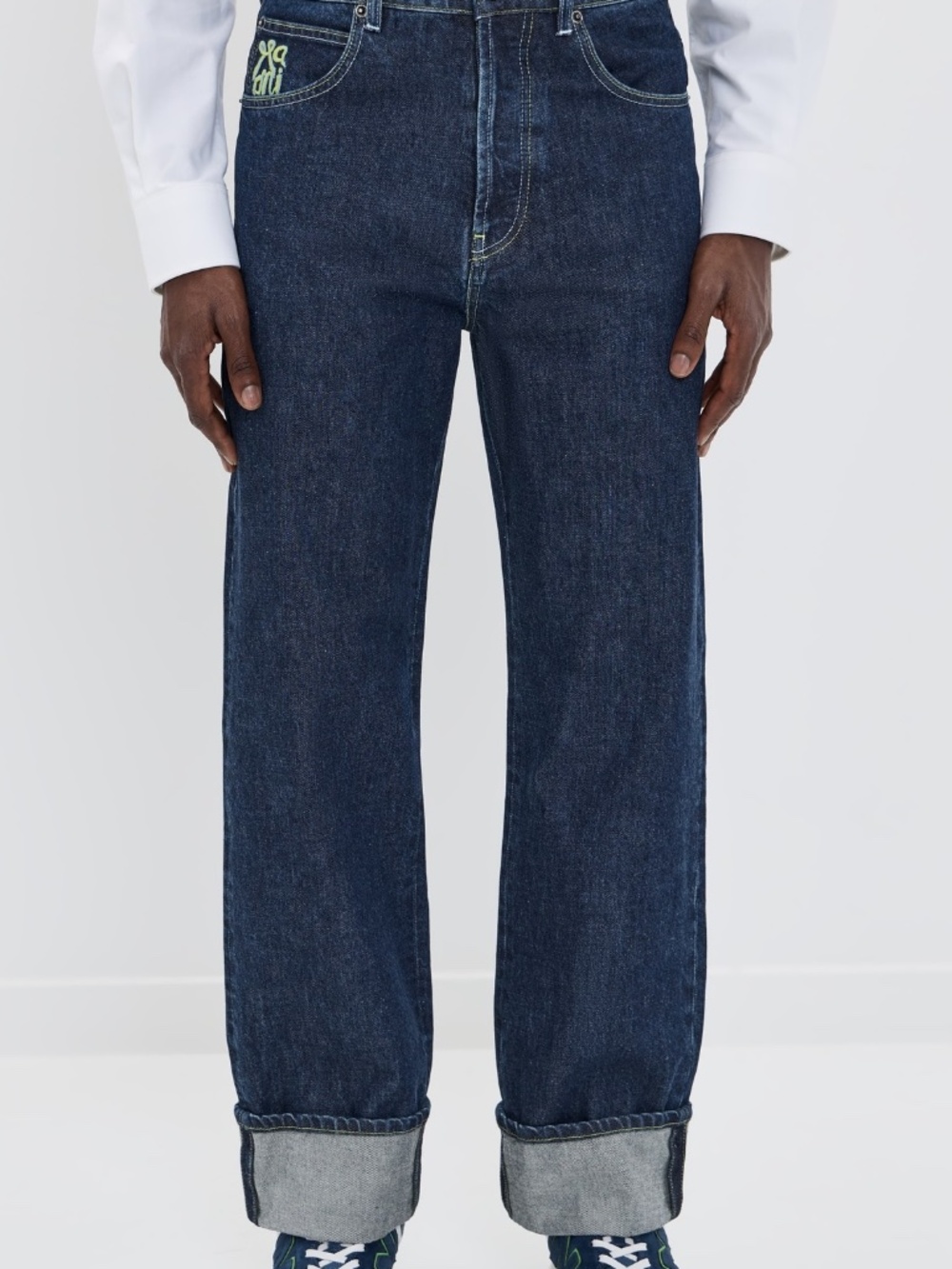 MARNI Wide Leg Denim Trousers Size 34 Blublack Unwashed Rigid contrast embroided